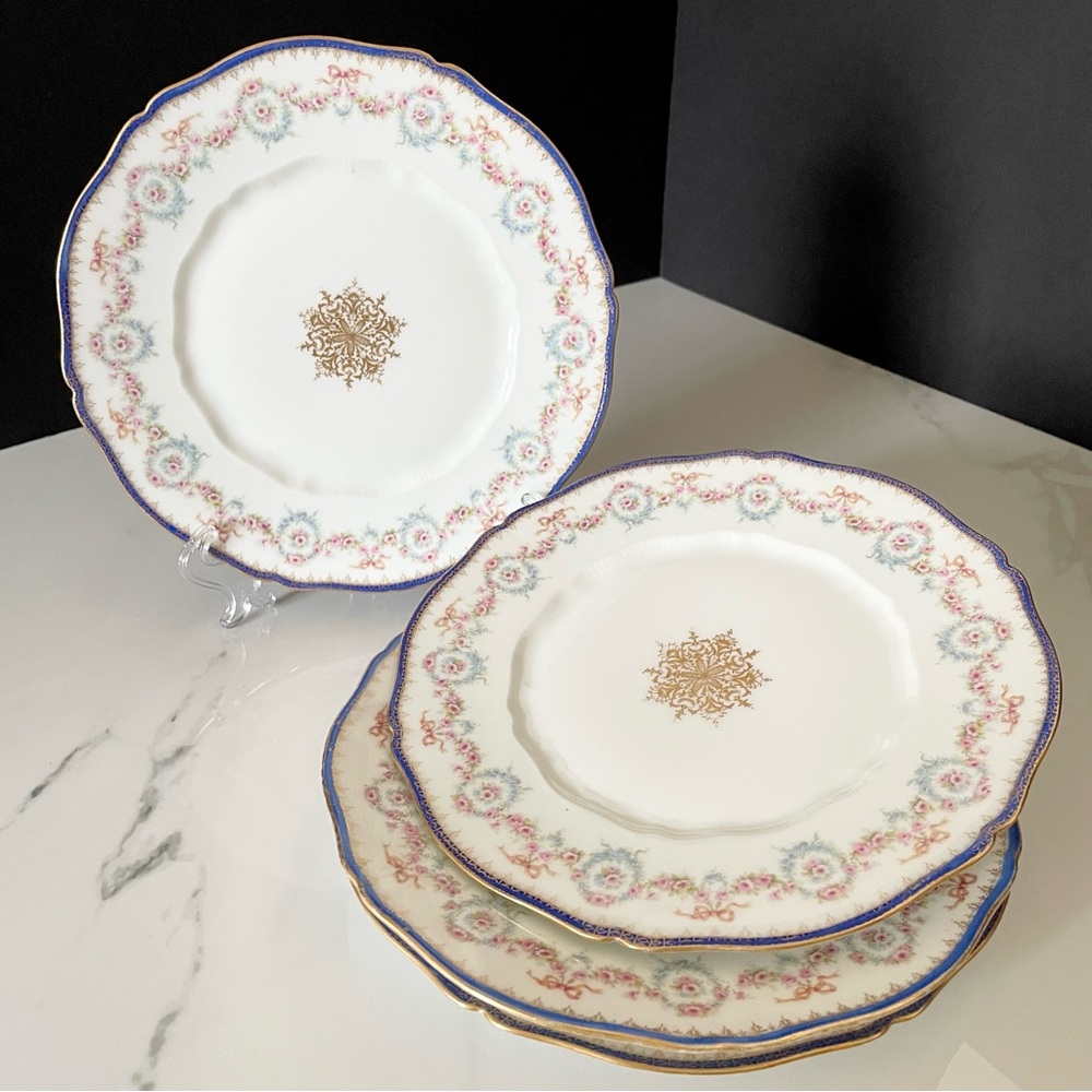 SET of 4 Blue Edged Floral 8" Plates - Haviland Limoges